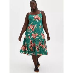 New Torrid Midi Challis Trapeze Dress Green Scoop Neck Tiered Sleeveless Sz 3X